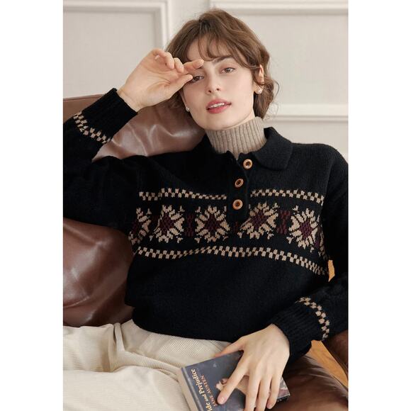 Simple Retro Sweaters - Simple Retro Norah Snowflake Jacquard Black Polo Fair Isle Knit Sweater-Size L